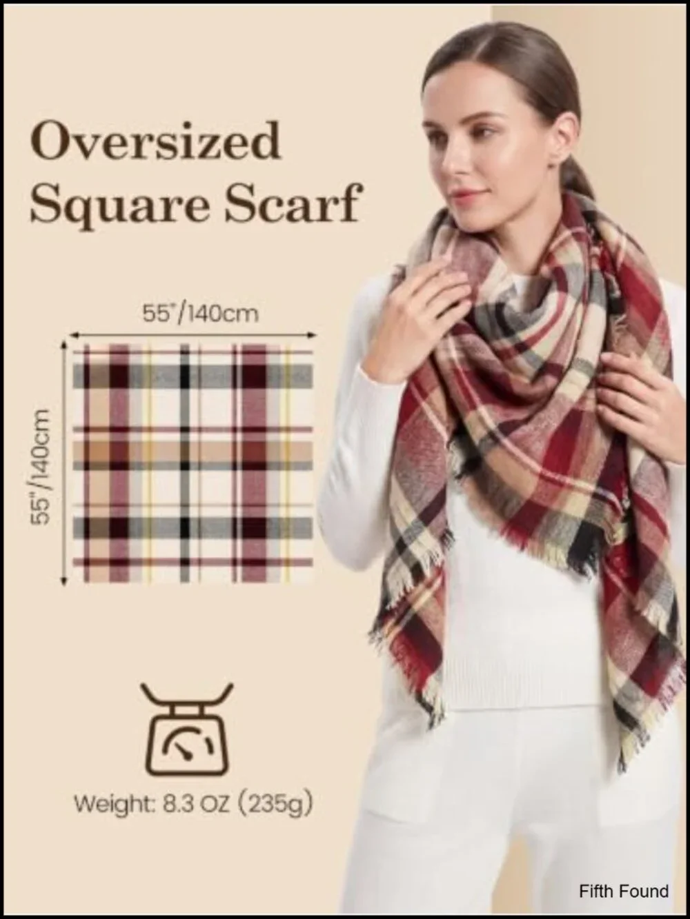 Oversized Plaid Square Shawl Wrap Winter Scarf 100% Polyester